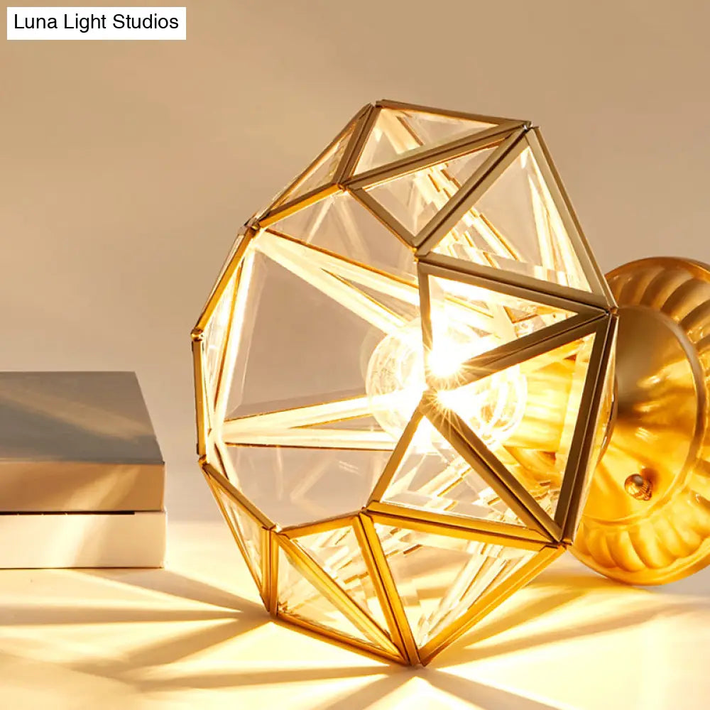 European Style Flush - Mount Ceiling Light: Full Brass Glass Shade 1 Light Polyhedron Design