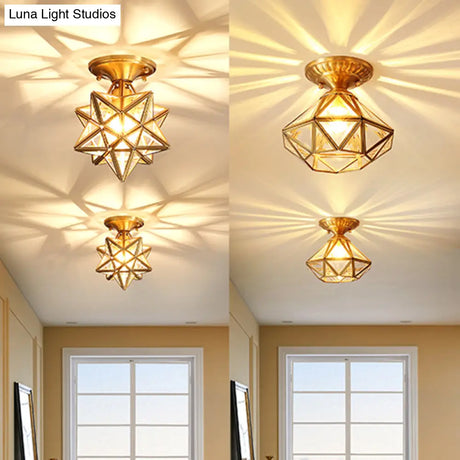 European Style Flush - Mount Ceiling Light: Full Brass Glass Shade 1 Light Polyhedron Design