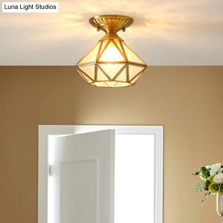 European Style Flush - Mount Ceiling Light: Full Brass Glass Shade 1 Light Polyhedron Design