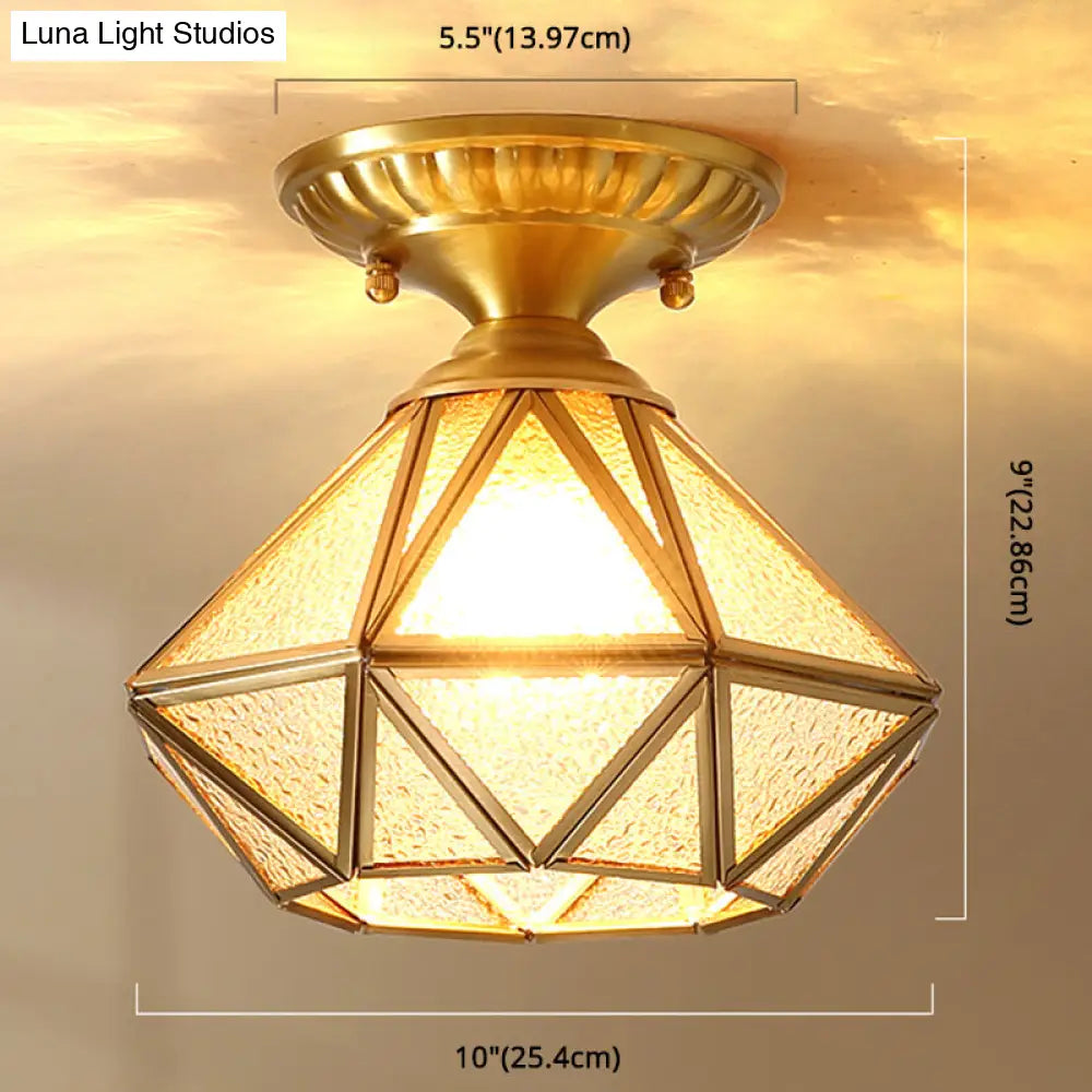 European Style Flush-Mount Ceiling Light: Full Brass Glass Shade 1 Light Polyhedron Design Bedroom