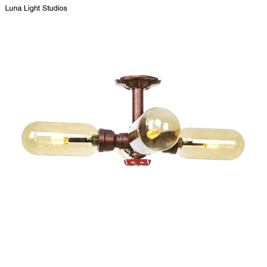 Rustic Amber Glass Sputnik Semi Flush Light - Antique Copper 4/6 Lights Ceiling Mount