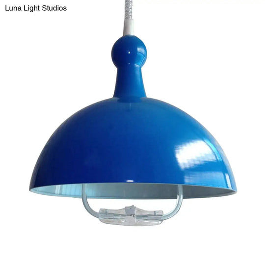 Extendable Domed Hanging Fixture - Industrial Style Chrome/Red Aluminum Ceiling Pendant With Handle