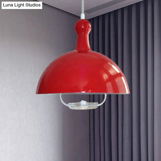 Extendable Domed Hanging Fixture - Industrial Style Chrome/Red Aluminum Ceiling Pendant With Handle