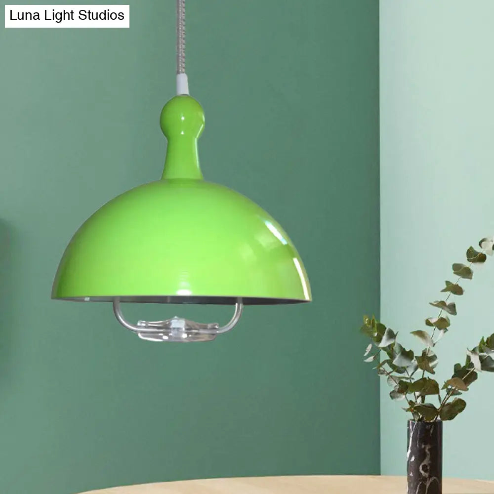 Extendable Domed Hanging Fixture - Industrial Style Chrome/Red Aluminum Ceiling Pendant With Handle