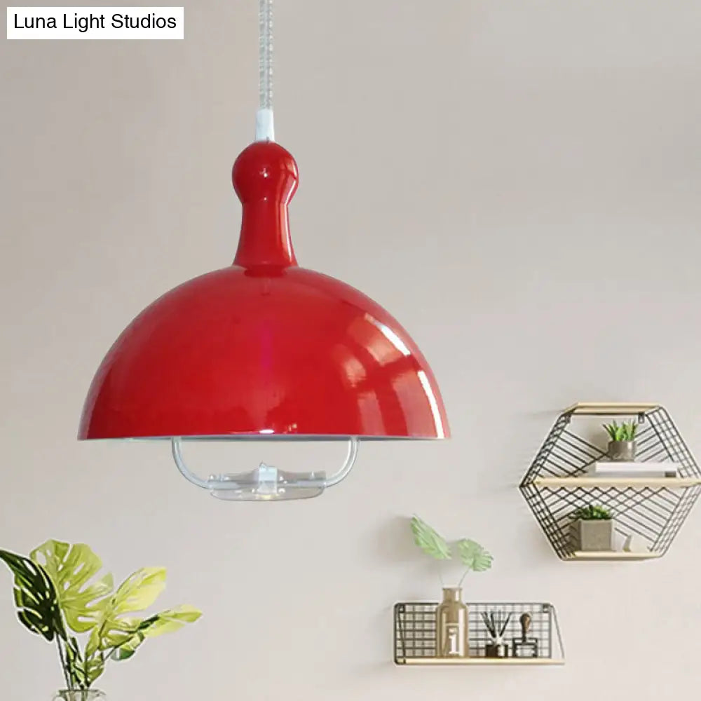 Extendable Domed Hanging Fixture - Industrial Style Chrome/Red Aluminum Ceiling Pendant With Handle