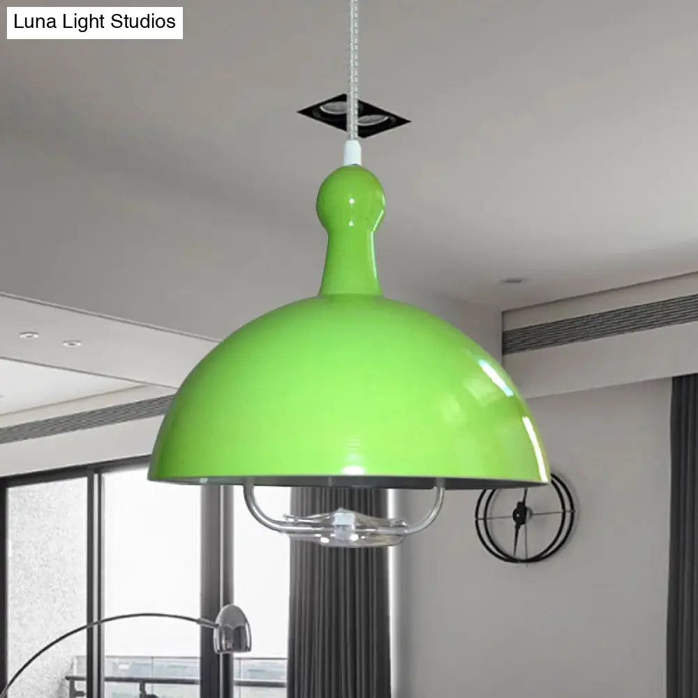 Extendable Domed Hanging Fixture - Industrial Style Chrome/Red Aluminum Ceiling Pendant With Handle