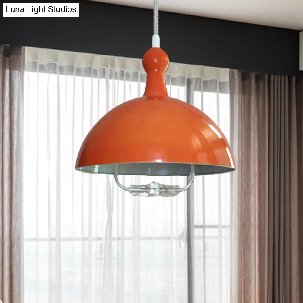 Extendable Domed Hanging Fixture - Industrial Style Chrome/Red Aluminum Ceiling Pendant With Handle