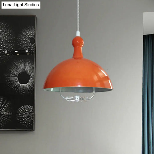 Extendable Domed Hanging Fixture - Industrial Style Chrome/Red Aluminum Ceiling Pendant With Handle