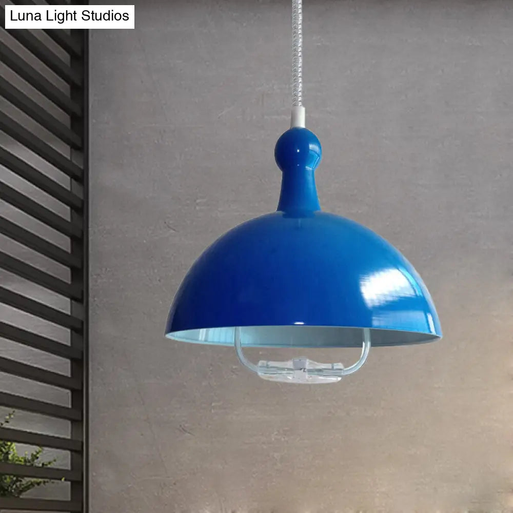Extendable Domed Hanging Fixture - Industrial Style Chrome/Red Aluminum Ceiling Pendant With Handle