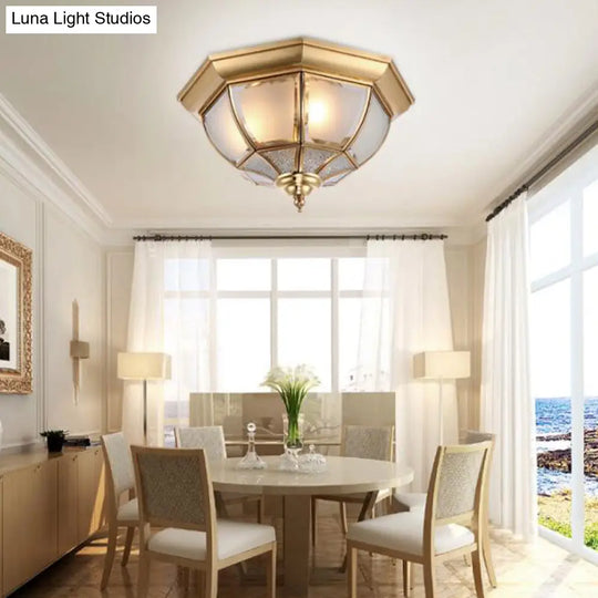 Faceted Clear Glass Dining Room Flush Lamp Traditional Brass Finish Ceiling Lighting - 14/18 Width