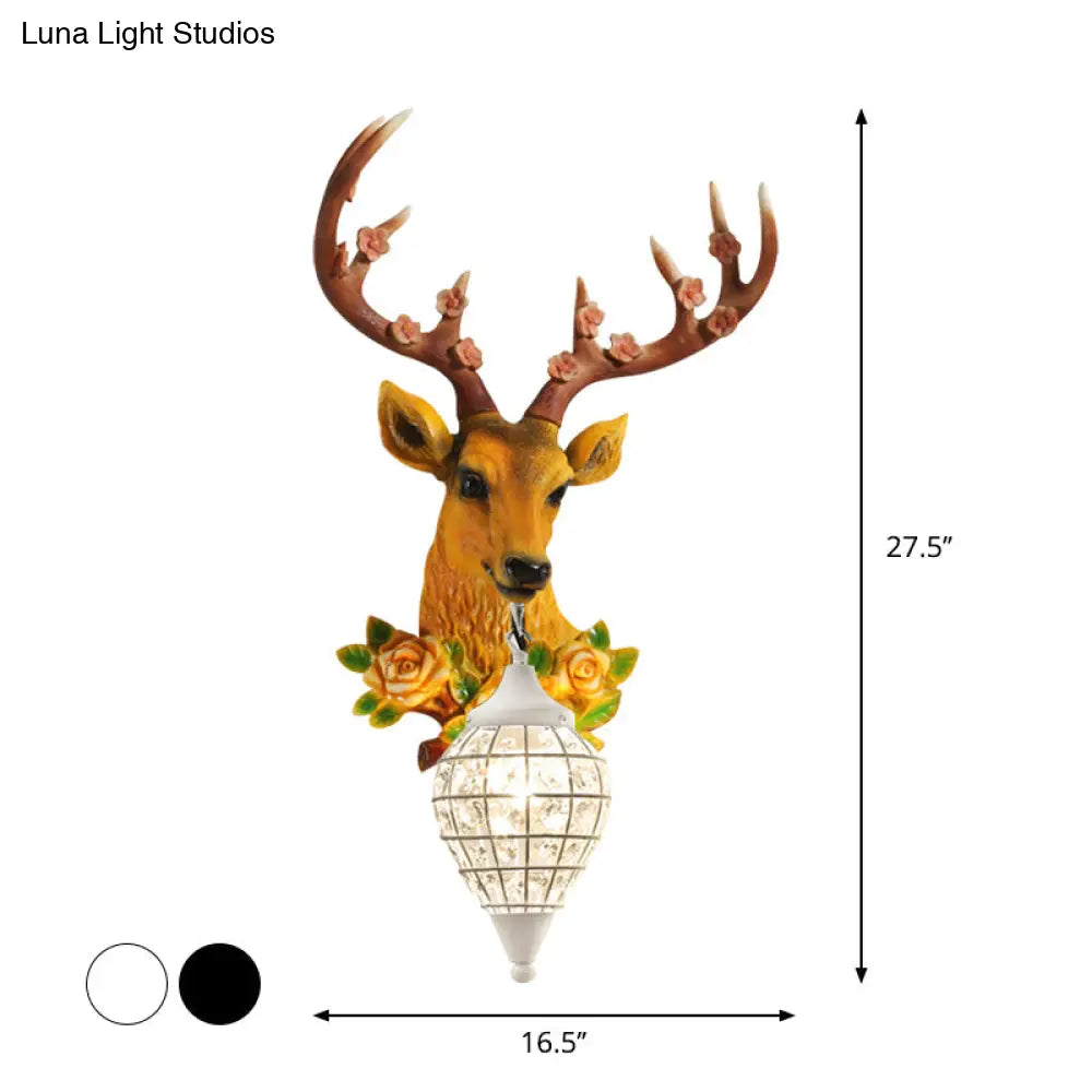Faceted Crystal Sphere Wall Sconce Light - Black/White 1-Head Lamp With Elk Decor In Grey/Yellow