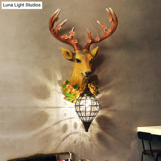 Faceted Crystal Sphere Wall Sconce Light - Black/White 1-Head Lamp With Elk Decor In Grey/Yellow
