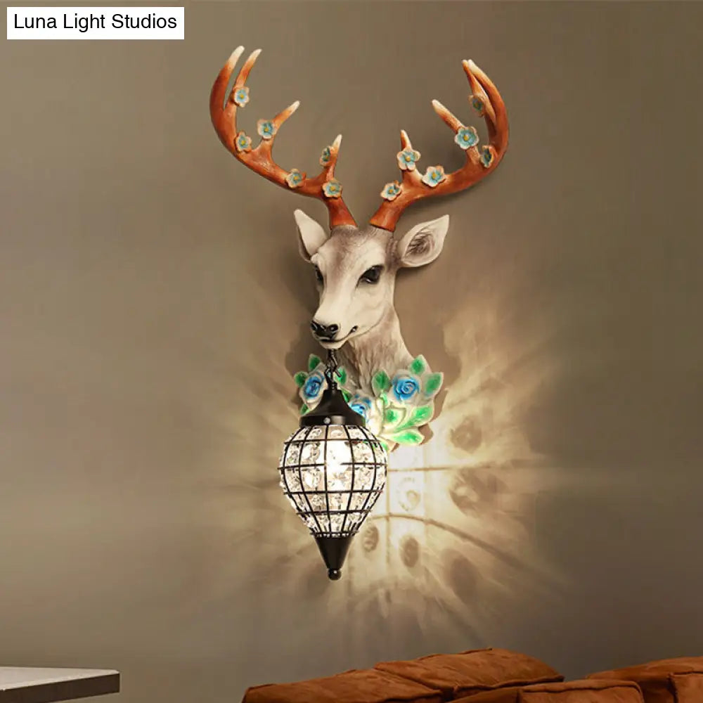 Faceted Crystal Sphere Wall Sconce Light - Black/White 1-Head Lamp With Elk Decor In Grey/Yellow
