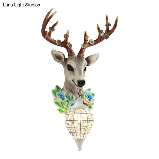 Faceted Crystal Sphere Wall Sconce Light - Black/White 1-Head Lamp With Elk Decor In Grey/Yellow