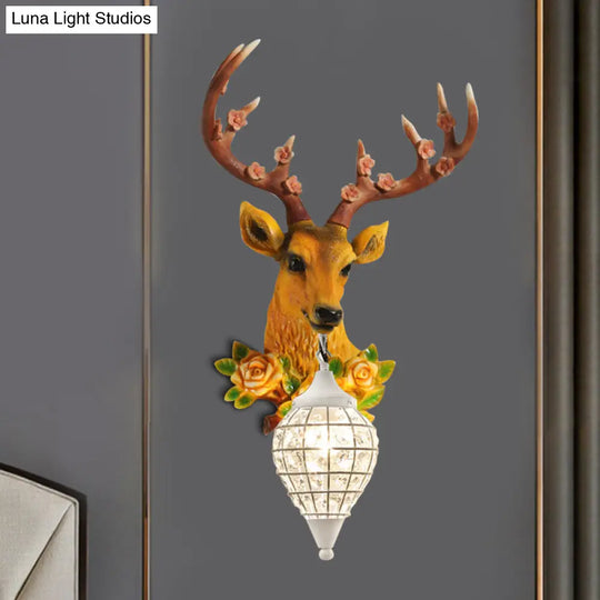 Faceted Crystal Sphere Wall Sconce Light - Black/White 1-Head Lamp With Elk Decor In Grey/Yellow