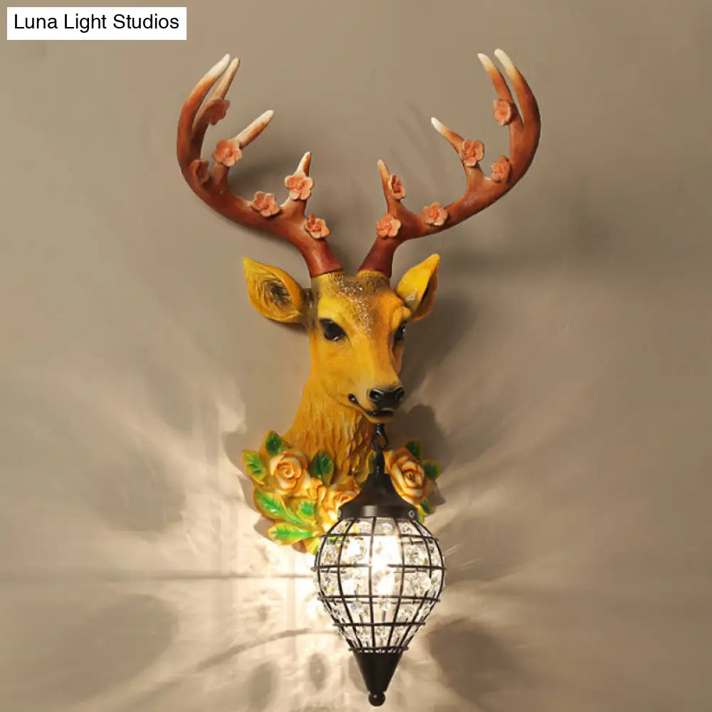 Faceted Crystal Sphere Wall Sconce Light - Black/White 1-Head Lamp With Elk Decor In Grey/Yellow