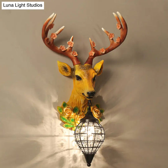 Faceted Crystal Sphere Wall Sconce Light - Black/White 1-Head Lamp With Elk Decor In Grey/Yellow