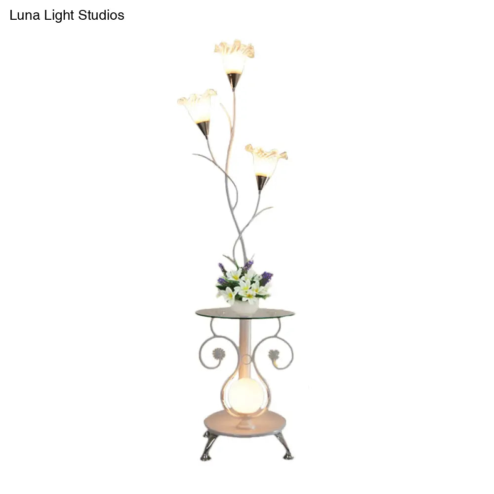 Faceted Glass Floor Lamp With Countryside Black/White Floral Shade - 3 Lights Ideal For Living Rooms