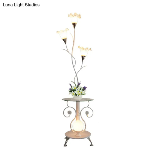 Faceted Glass Floor Lamp With Countryside Black/White Floral Shade - 3 Lights Ideal For Living Rooms