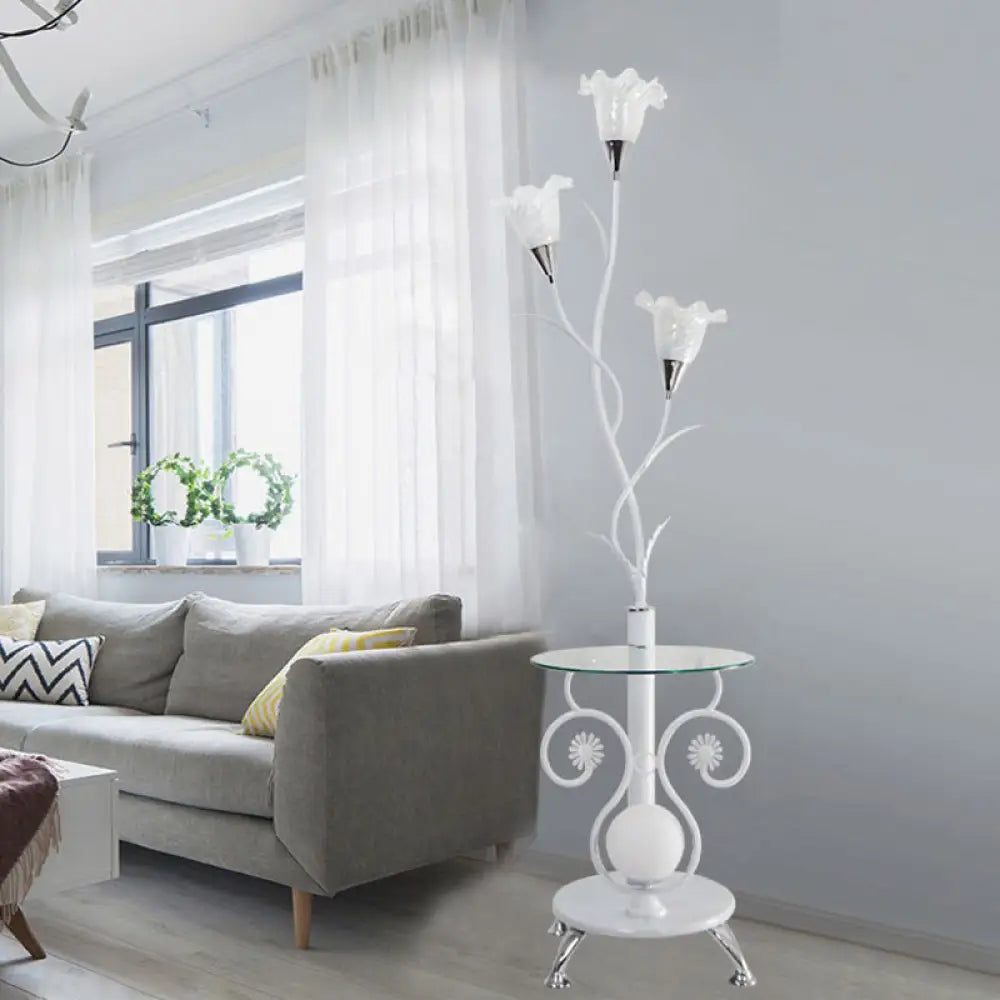 Faceted Glass Floor Lamp With Countryside Black/White Floral Shade - 3 Lights Ideal For Living Rooms