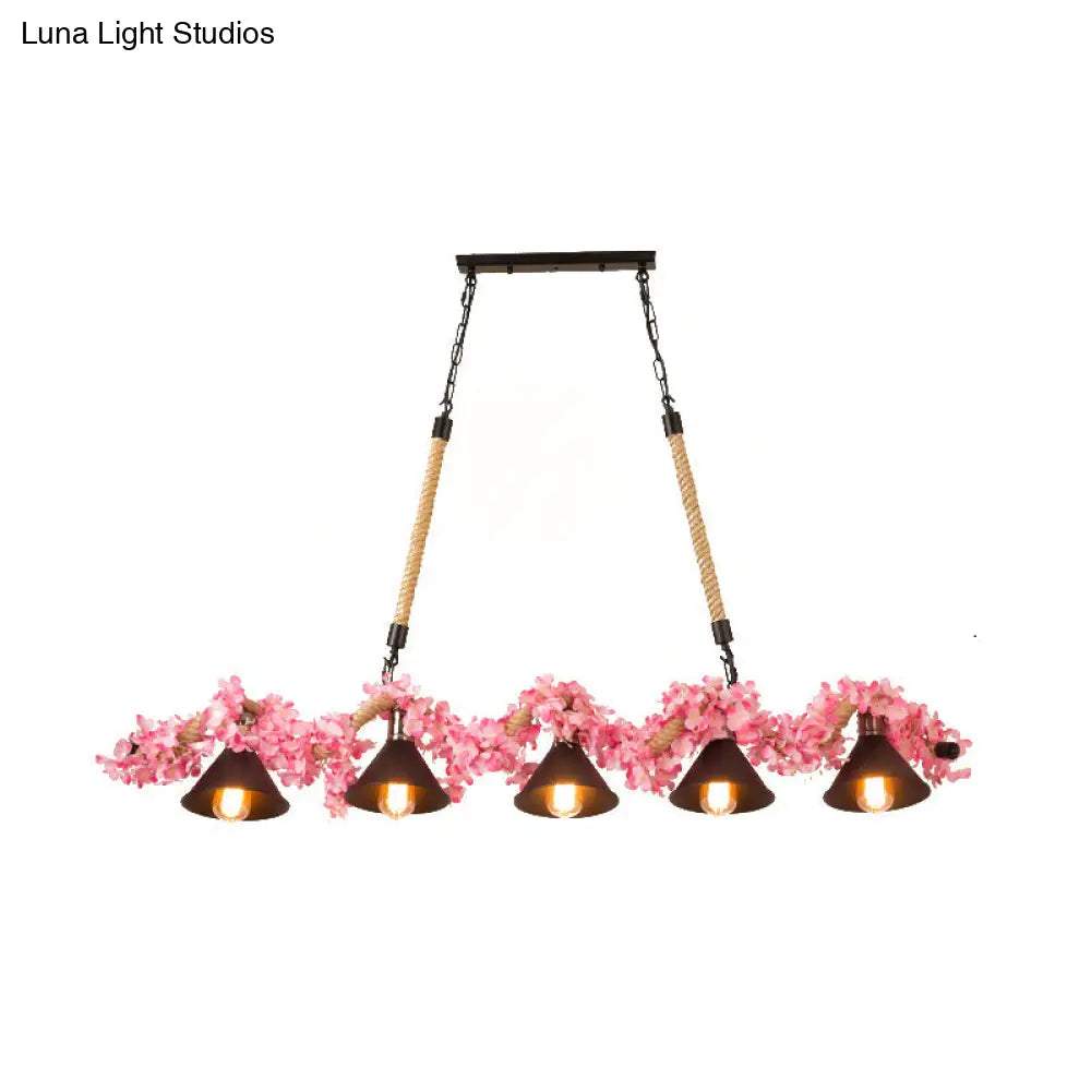 Factory Conical Island Pendant Light In Pink - 5-Light Metal Hanging Lamp Kit For Dining Room