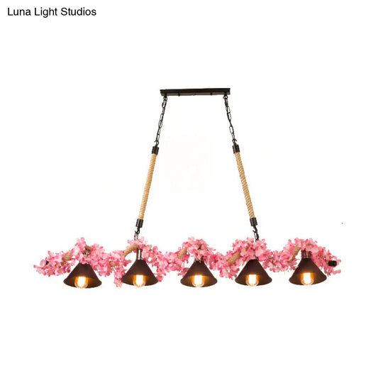 Factory Conical Island Pendant Light In Pink - 5-Light Metal Hanging Lamp Kit For Dining Room