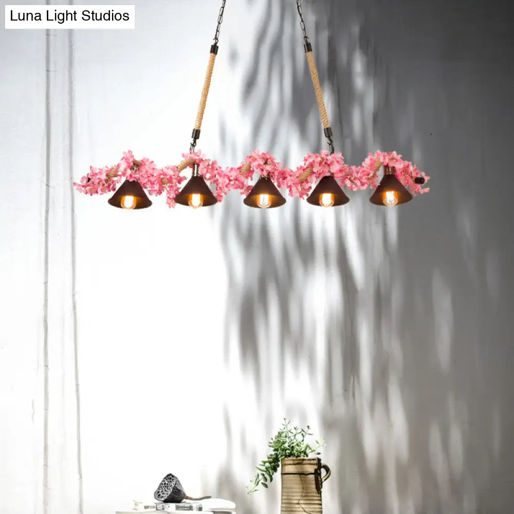 Factory Conical Island Pendant Light In Pink - 5-Light Metal Hanging Lamp Kit For Dining Room