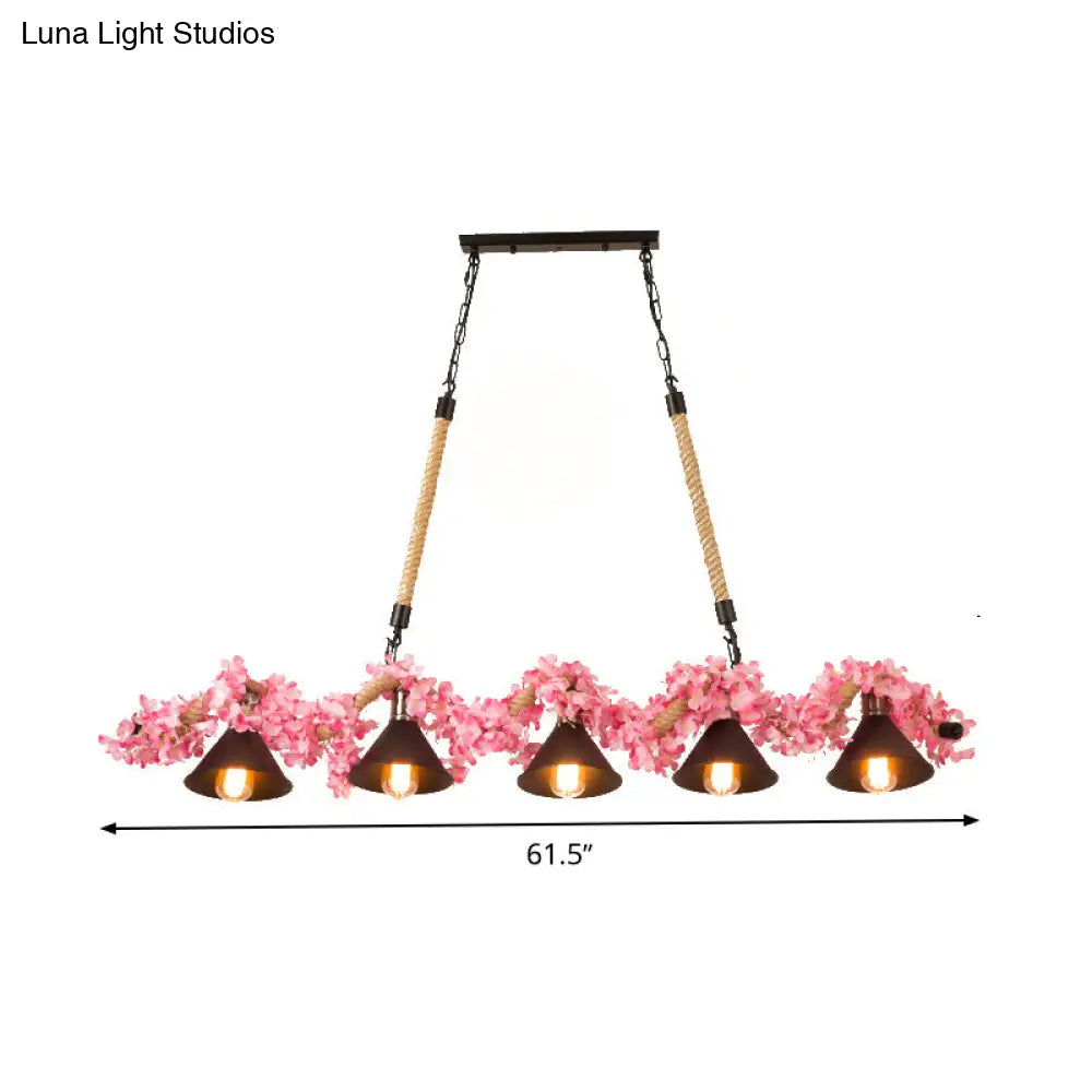 Factory Conical Island Pendant Light In Pink - 5-Light Metal Hanging Lamp Kit For Dining Room