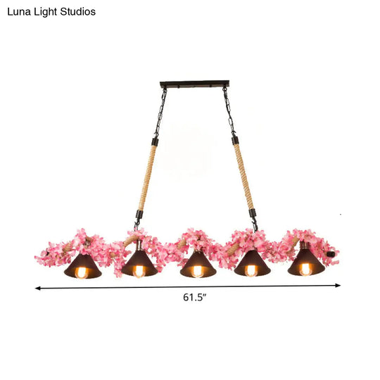 Factory Conical Island Pendant Light In Pink - 5-Light Metal Hanging Lamp Kit For Dining Room