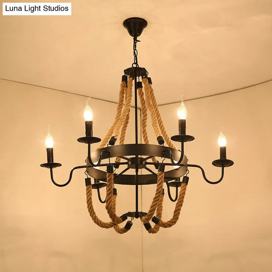 Wagon Wheel Metal Chandelier Pendant Light Kit In Black For Dining Room With Jute Rope Accents / F