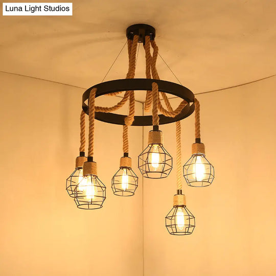 Wagon Wheel Metal Chandelier Pendant Light Kit In Black For Dining Room With Jute Rope Accents / A