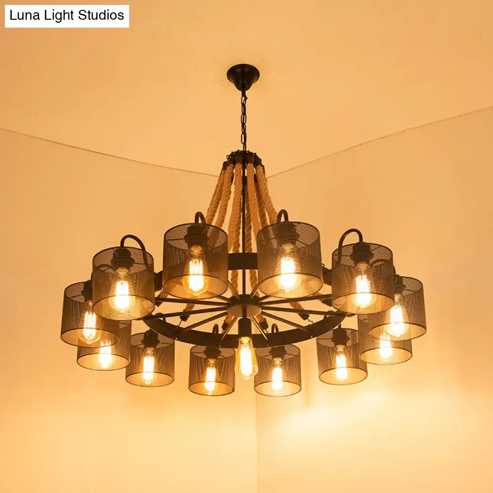 Wagon Wheel Metal Chandelier Pendant Light Kit In Black For Dining Room With Jute Rope Accents / E