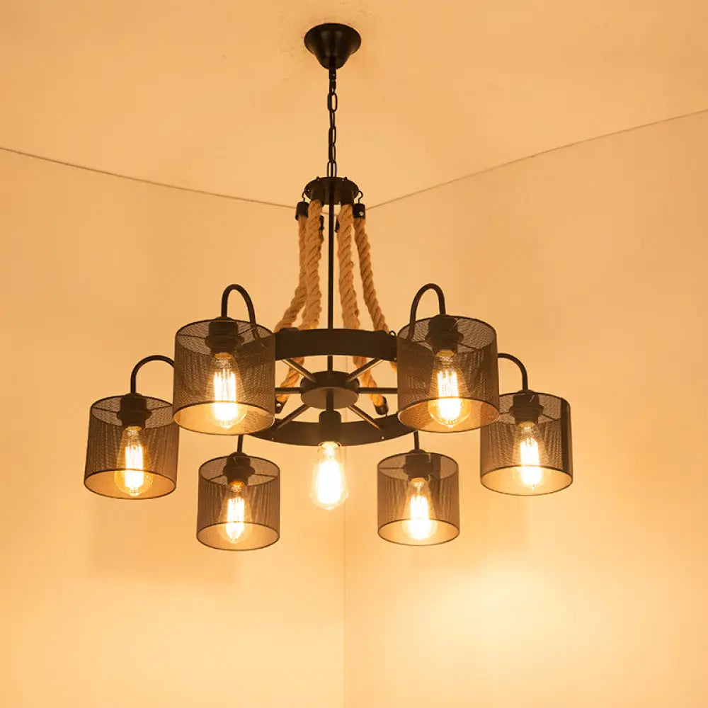 Factory Dining Room Chandelier: Wagon Wheel Metal Pendant Light Kit With Jute Rope In Black / C
