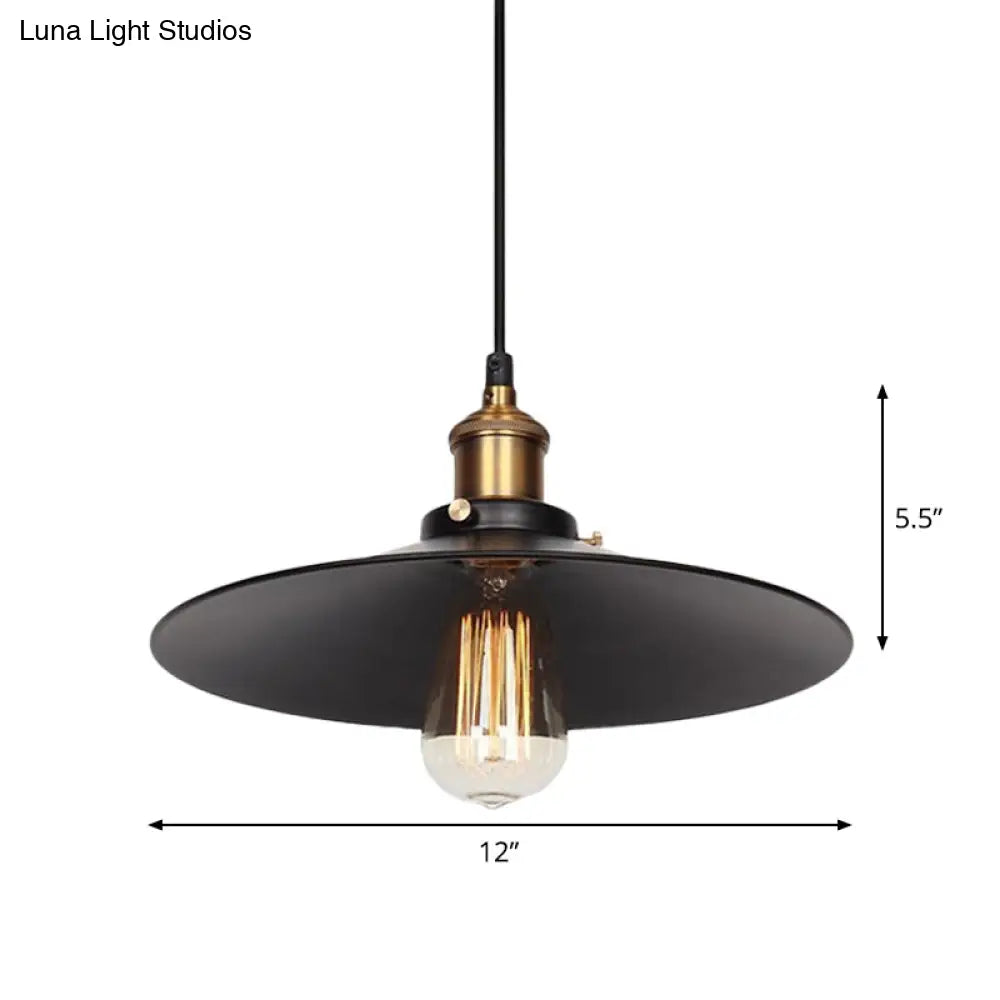 Factory Flying Saucer Ceiling Pendant Hanging Lamp - 8.5’/12’ Wide Single-Bulb Metal Black
