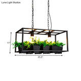 Factory Metallic Island Lamp With Artificial Plant Deco - Black/White Rectangle 2 Lights For Living