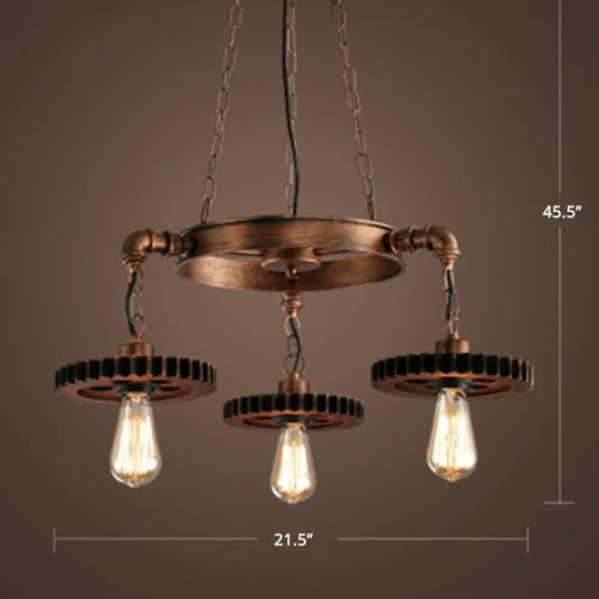 Factory Style Iron Suspension Chandelier With Bronze Finish & Gear Wheel Deco – Bare Bulb