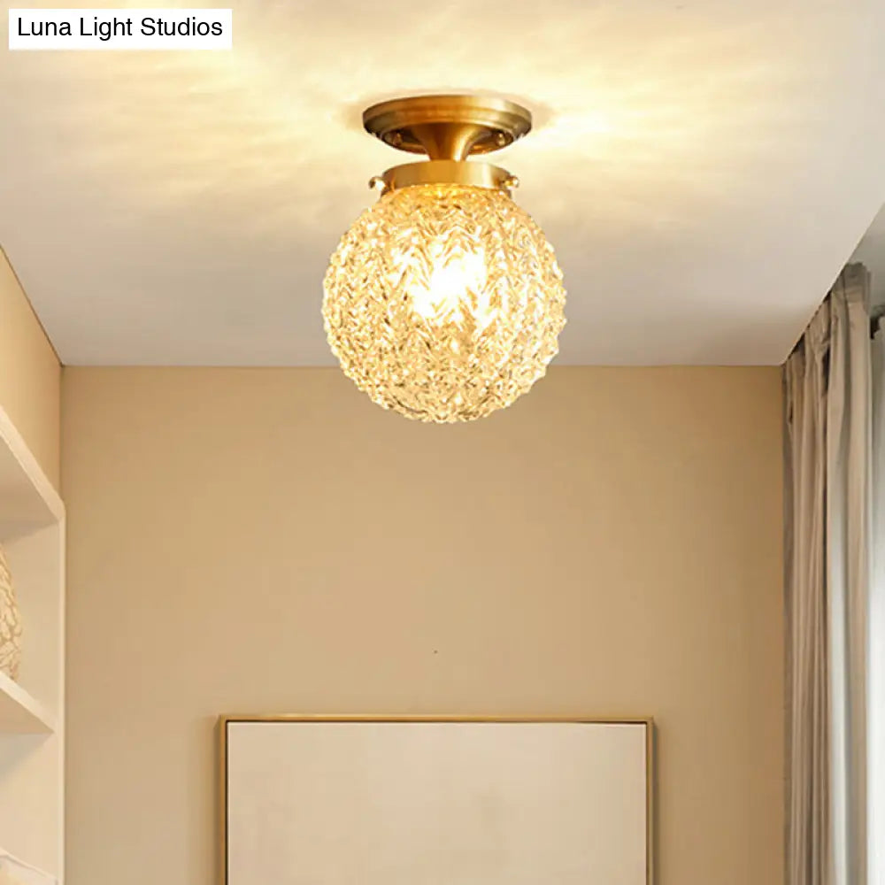 Farm Style Brass Flush Mount Foyer Ceiling Light With Carved Glass Sphere
