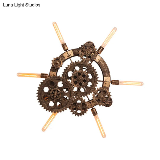 Farm Style Iron Gear Wall Lamp - 6 Light Living Room Sconce In Brass With Open Bulb