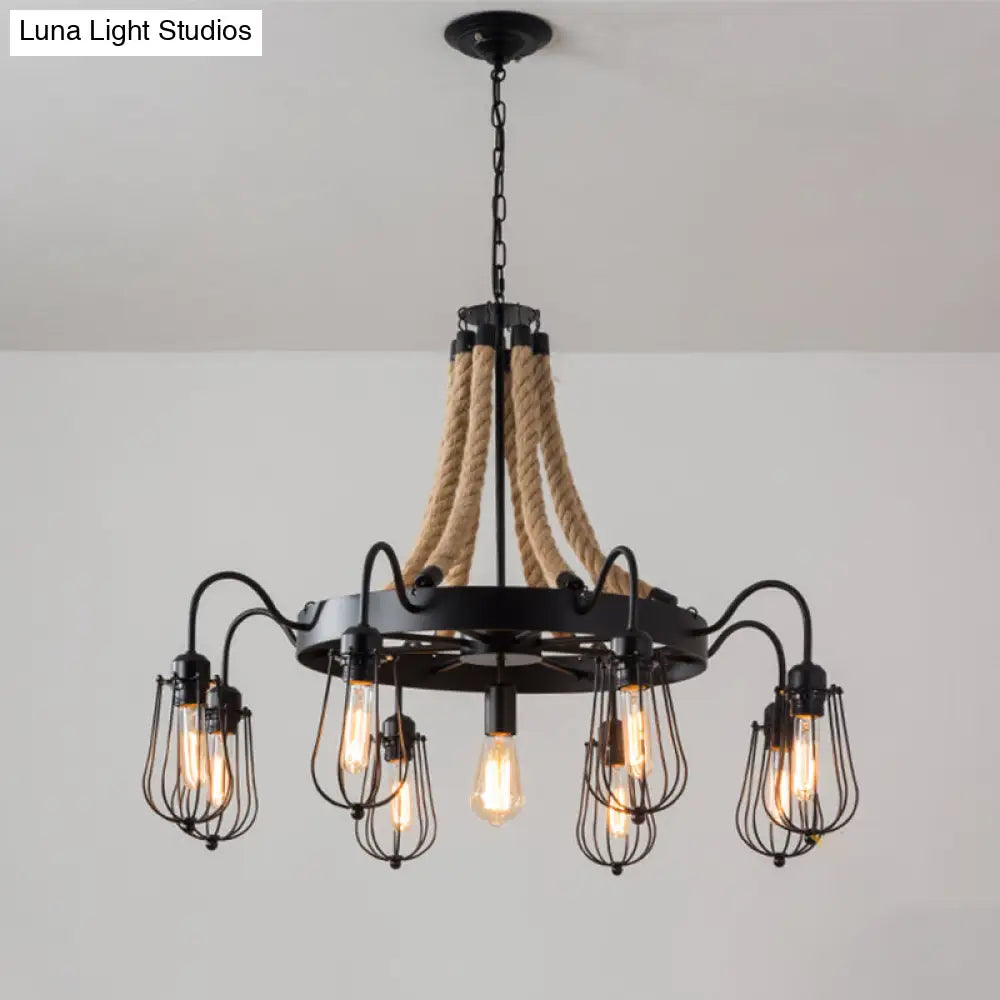 9/13 Lights Farm Style Rope Chandelier With Metallic Pendant Cage Black Finish And Wheel Design