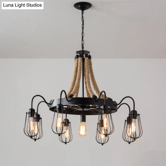 9/13 Lights Farm Style Rope Chandelier With Metallic Pendant Cage Black Finish And Wheel Design