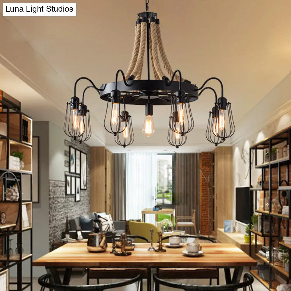 9/13 Lights Farm Style Rope Chandelier With Metallic Pendant Cage Black Finish And Wheel Design 9 /