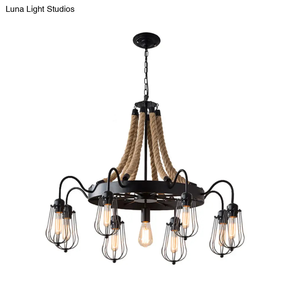 Farm Style Wheel Design Rope Chandelier With Bulb Cage - Black Metallic Pendant Light Fixture (9/13