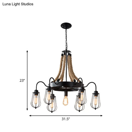 Farm Style Wheel Design Rope Chandelier With Bulb Cage - Black Metallic Pendant Light Fixture (9/13