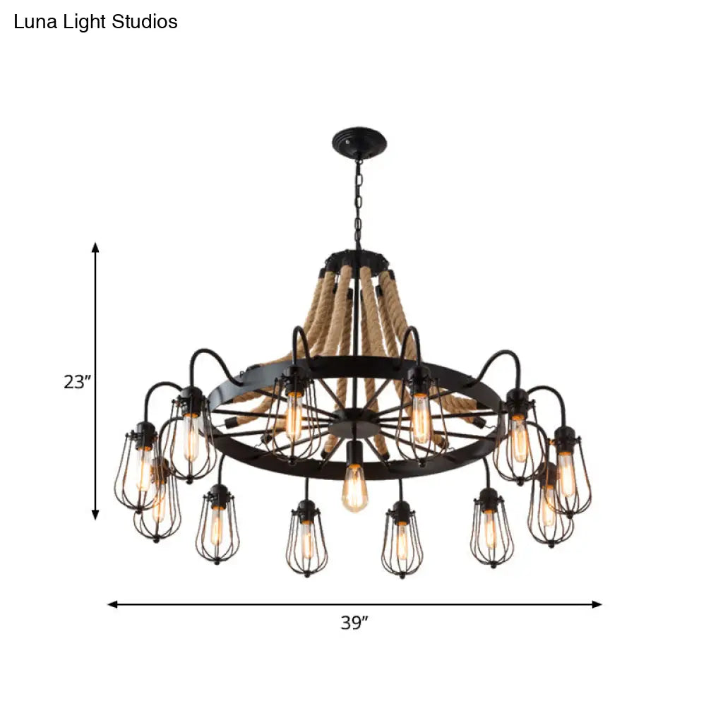 9/13 Lights Farm Style Rope Chandelier With Metallic Pendant Cage Black Finish And Wheel Design