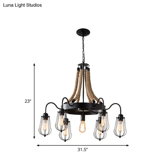 9/13 Lights Farm Style Rope Chandelier With Metallic Pendant Cage Black Finish And Wheel Design