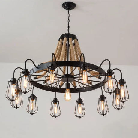 Farm Style Wheel Design Rope Chandelier With Bulb Cage - Black Metallic Pendant Light Fixture (9/13
