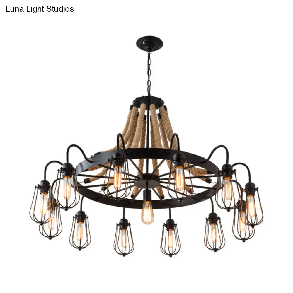 9/13 Lights Farm Style Rope Chandelier With Metallic Pendant Cage Black Finish And Wheel Design