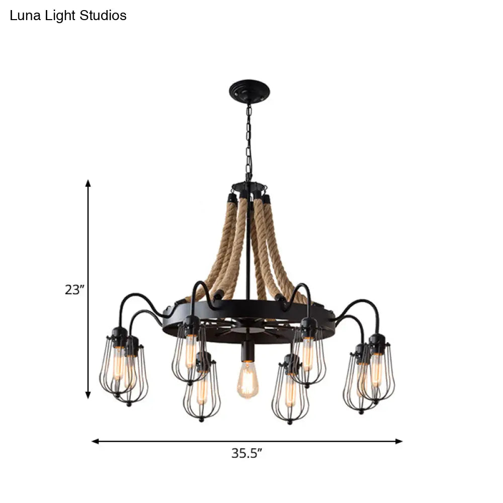 9/13 Lights Farm Style Rope Chandelier With Metallic Pendant Cage Black Finish And Wheel Design