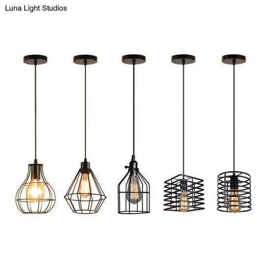 Black Iron Cage Pendant Light - Farmhouse Style Dining Room Lamp
