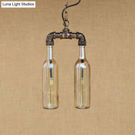 Farmhouse 2-Light Chandelier Pendant With Amber/Blue Glass Shade And Pipe Design Amber